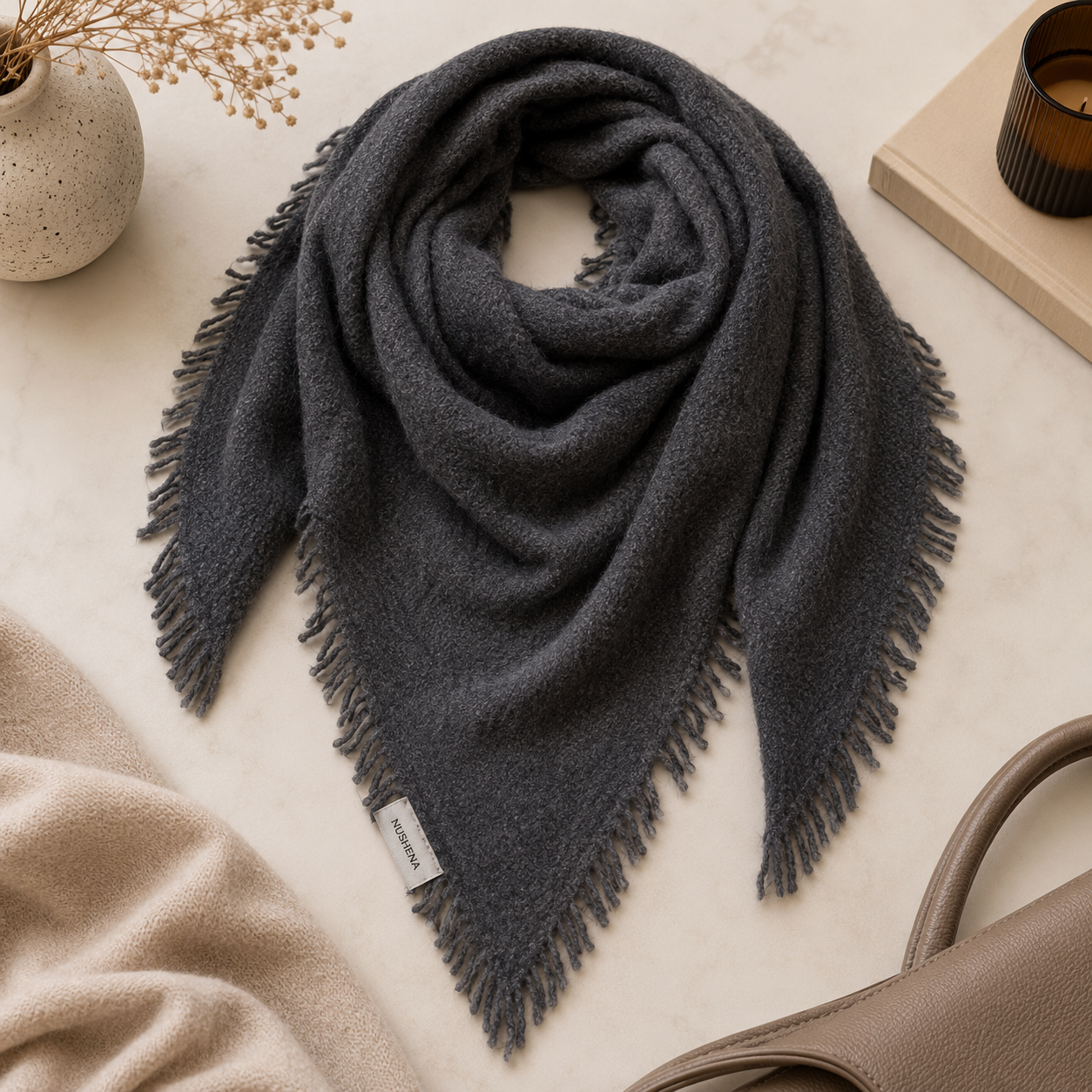 The Boucle Cashmere Fringe Triangle Scarf